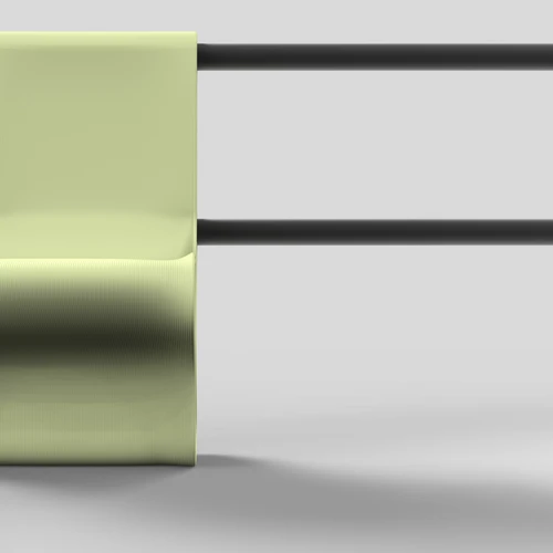 Closeup and frontal rendering of a green Morari Chair, attached to a railing.