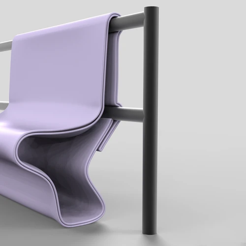 Eine 3D-Rendering Nahansicht eines lila Morari Chair XT, der an einem Haltestellengeländer befestigt ist.