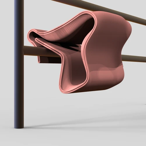 Eine 3D-Rendering Nahansicht eines pinken Morari Stool, der an einem Haltestellengeländer befestigt ist.
